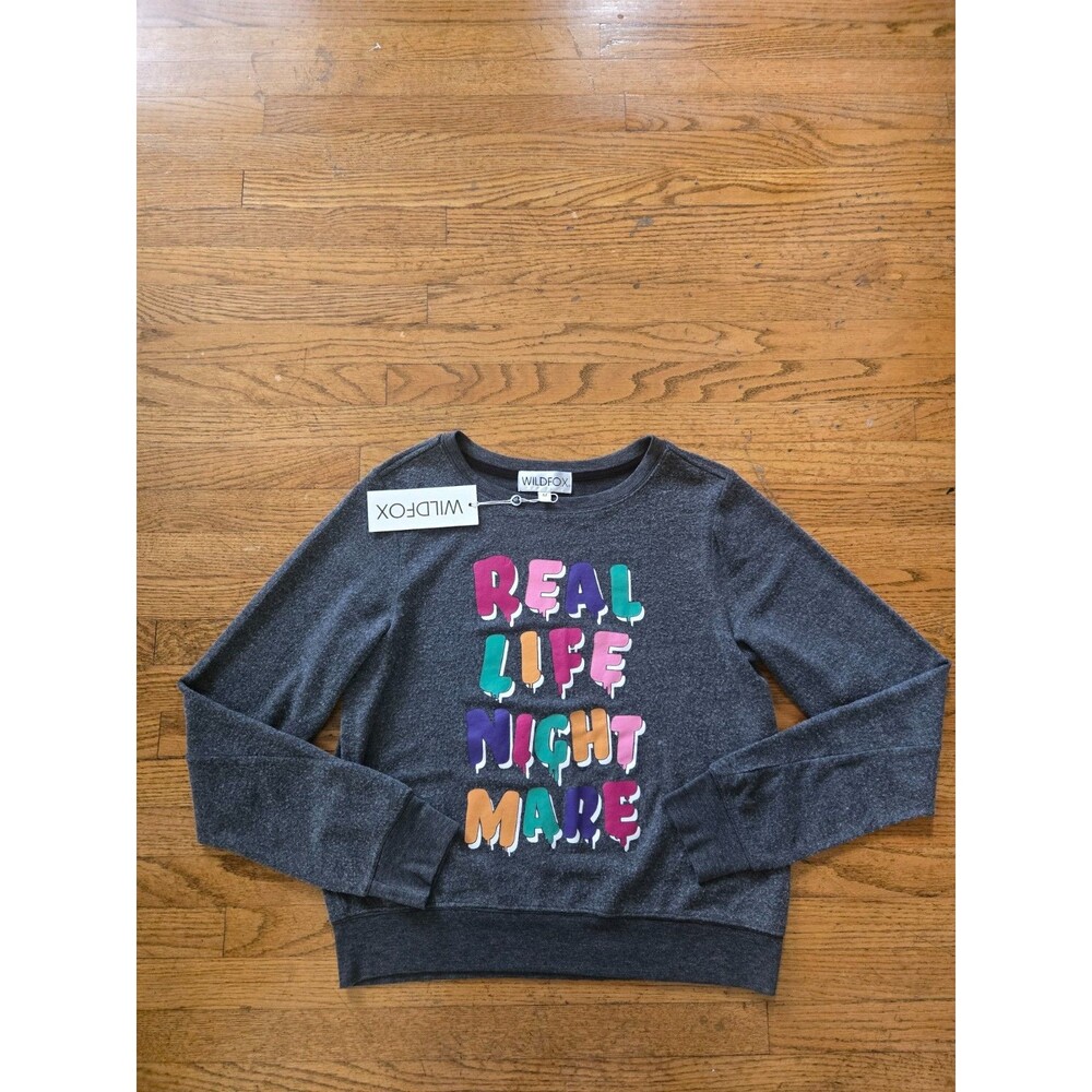 Wildfox Fleece Crewneck Graphic Print "Real Life Nightmare" Sweatshirt Gray NWT